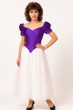 1980s Nation-Wide Purple Satin & White Tulle Gown Rose Appliqué Sleeves USA S